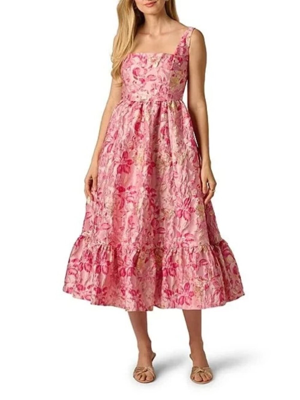 Adrianna Papell Pink Floral Jacquard Flounce Midi Dress